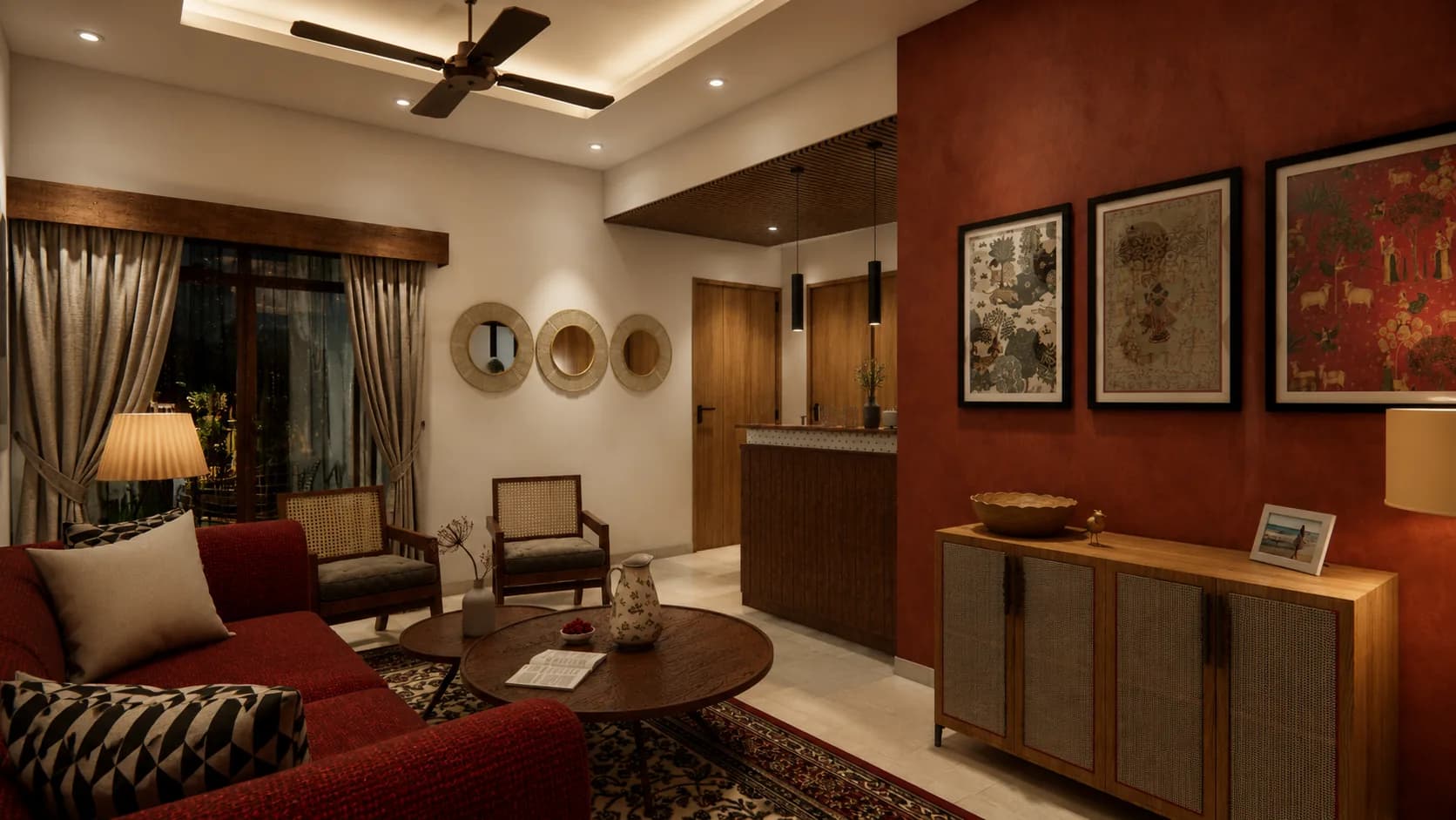 Living room with a deep red accent wall, framed art, a red sofa and a patterned rug, BNB In Roots (design visualisation)