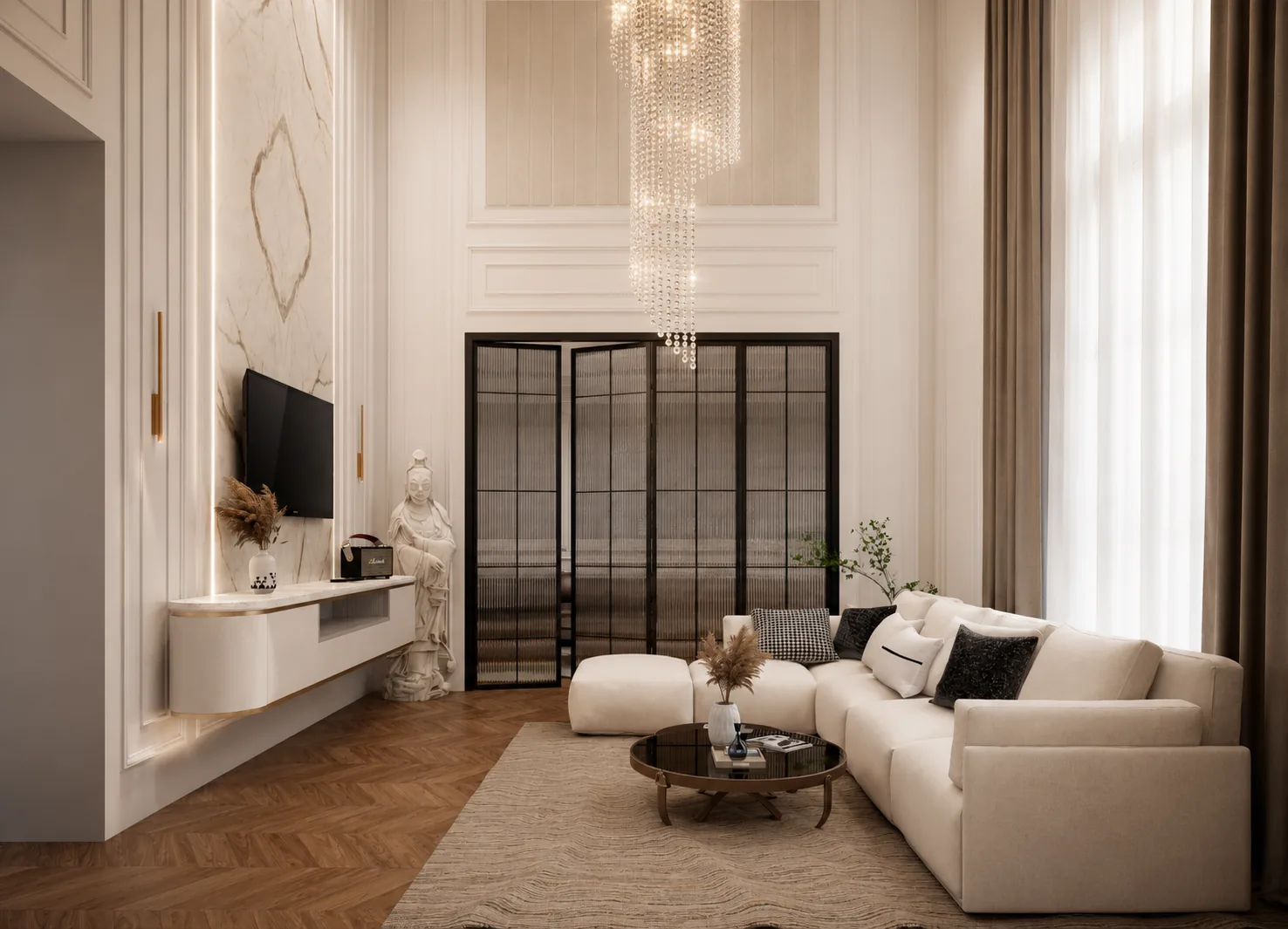 Double-height living room with a crystal chandelier, cream sectional and black-framed glass doors, Gurjar Residence (design visualisation)
