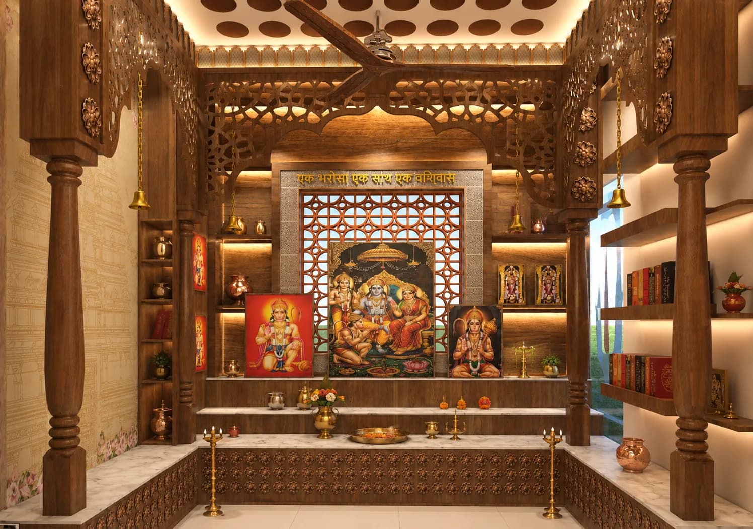 Mandir with a carved wooden surround, columns and a backlit screen, Woods Residency (design visualisation)